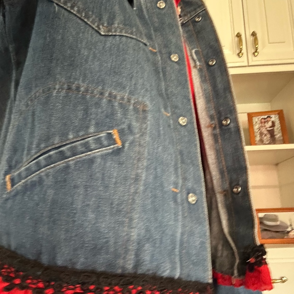 Vintage/upcycled Jean Jacket with Black and Red Accents